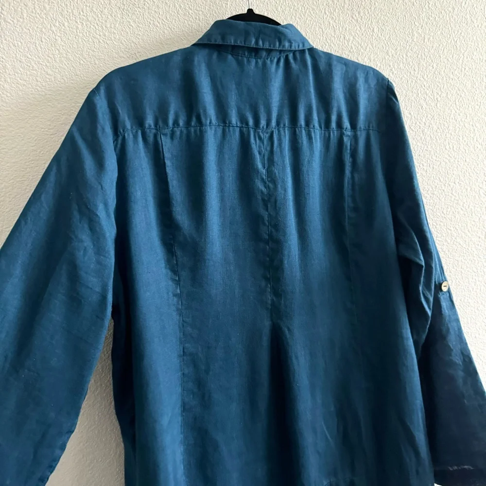 Soft Surroundings Island Breeze Shirt Deep Sea Blue Linen Button Down - Picture 5 of 10